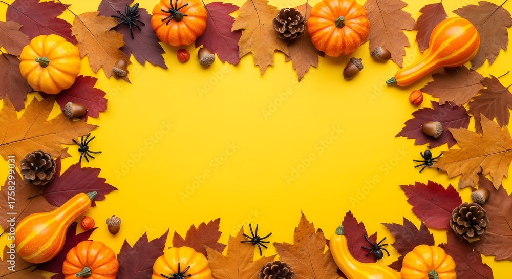 Fototapeta premium Halloween Party Frame with Dried Leaves and Pumpkin on Yellow Background