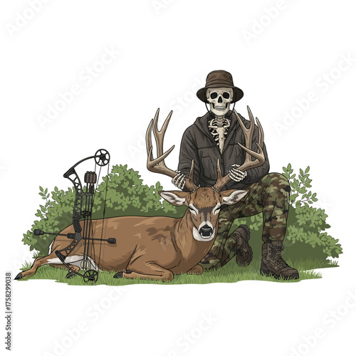 Skeleton hunter kneeling with a trophy deer buck and compound bow vector