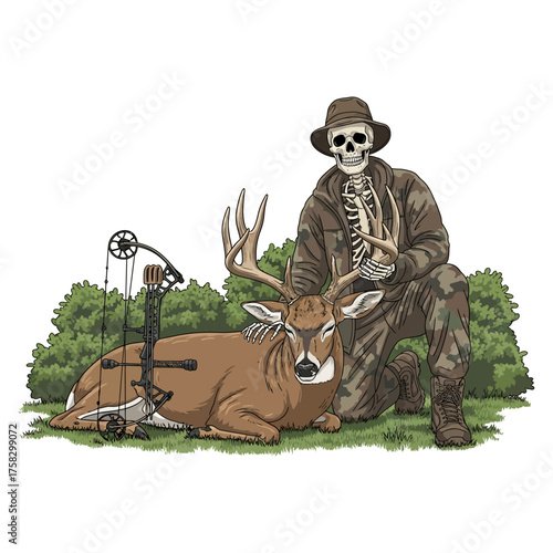 Skeleton hunter kneeling with a trophy deer buck and compound bow vector