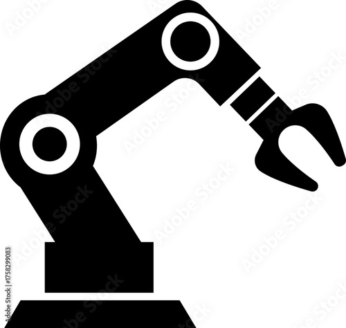 Robotic Arm Icon and Industrial Automation Vector of Mechanical Robot Hand, Factory Machine, Engineering Technology Symbol in Black Flat Style