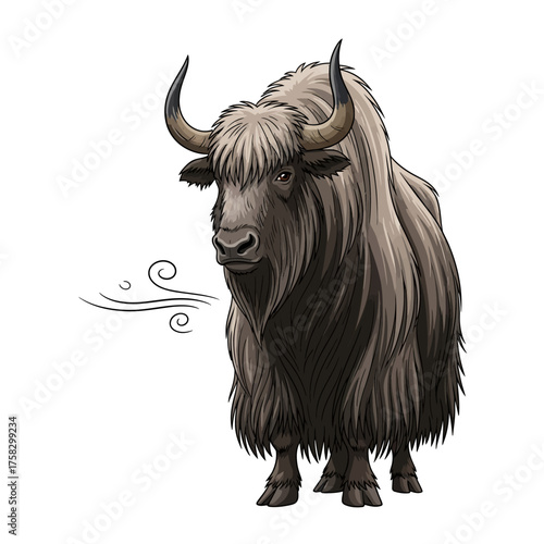 Reflective yak character listening to the whistling wind in a stylized, moody digital painting