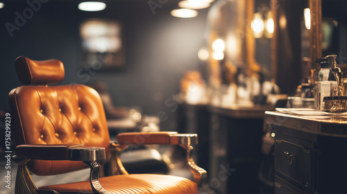 razor. A vintage barbershop chair reflects in a warm and elegant interior with classic grooming ambiance. lifestyle magazines.