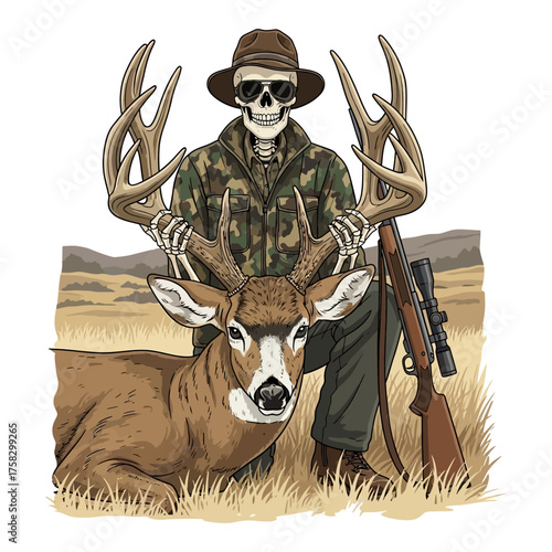 Skeleton hunter kneeling with a trophy whitetail deer buck and rifle on field