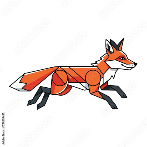 Modern geometric vector illustration of a sleek fox character running quickly isolated on white