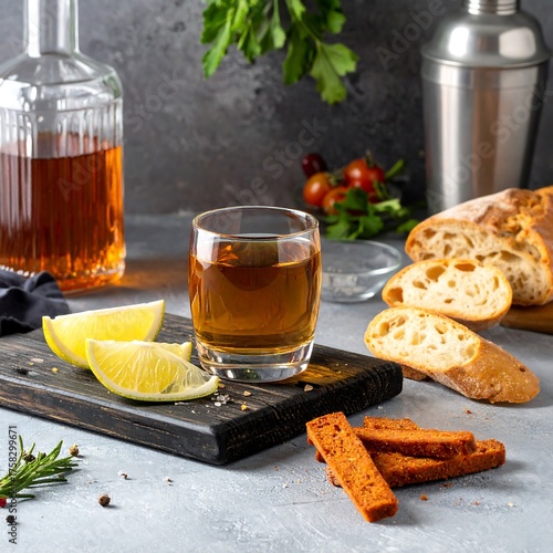 Composition features a shot glass of amber liquid with cocktail elements and appetizers on a wooden board