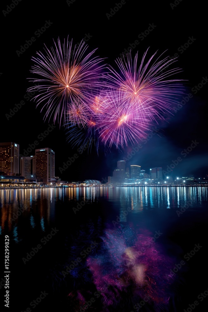 Obraz premium Spectacular purple fireworks over city skyline reflected in water at night