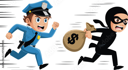 Cartoon police officer chasing thief, robbery escape scene, law enforcement pursuit, crime action illustration, justice and security concept