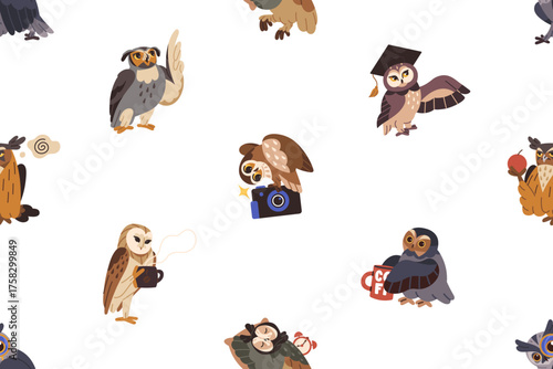 Repeatable pattern of cute owlets and wise eagle owls with magnifier, coffee and graduate cap. Endless background of funny birds of education, knowledge and wisdom. Flat seamless vector illustration.
