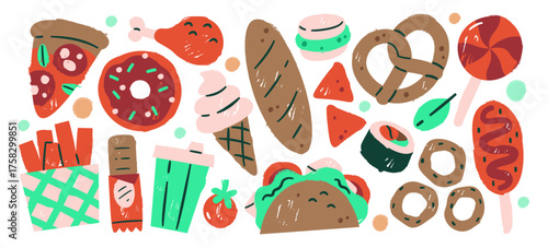 Fast food, desserts and snacks hand-drawn crayon or colored pencil childish drawing isolated set