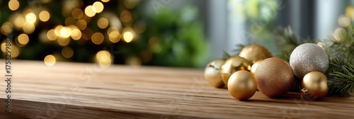 Festive holiday background with gold and silver christmas ornaments on wooden table