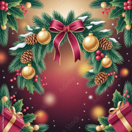 Red Gold Christmas Garland Background with Pine Decorations
