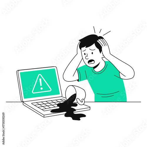 Frustrated man spilling coffee on his laptop, technical problem with computer, vector design, digital error, modern style, data loss, oops moment, oh no
