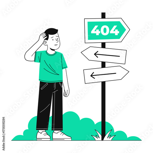 Lost in direction puzzled man scratching head near 404 signpost confused by error searching website or finding broken link, frustration and uncertainty