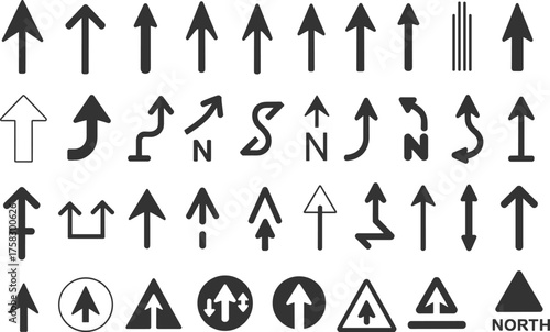 Arrow symbols and directional signs grid, navigation clipart set, abstract road icons, instructional design elements