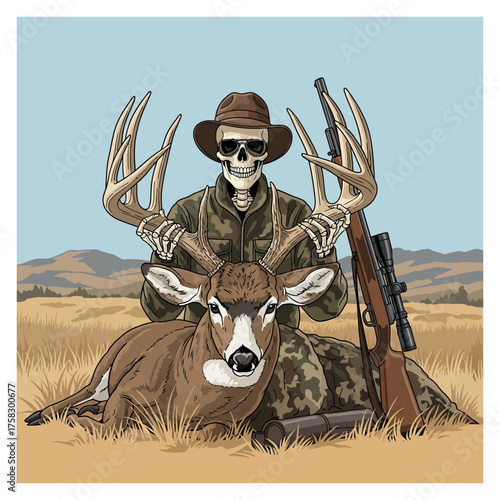 Skeleton hunter kneeling with a trophy whitetail deer buck and rifle on field