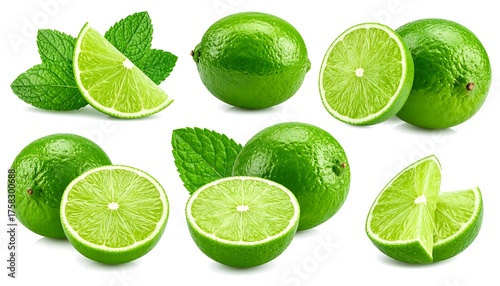 Composition showcasing fresh limes and mint leaves. Displays whole, halved, and sliced citrus fruits. Bright green tones against white