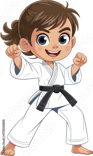 Energetic karate kid in white gi, confident martial arts pose, smiling child fighter ready for action, cartoon illustration