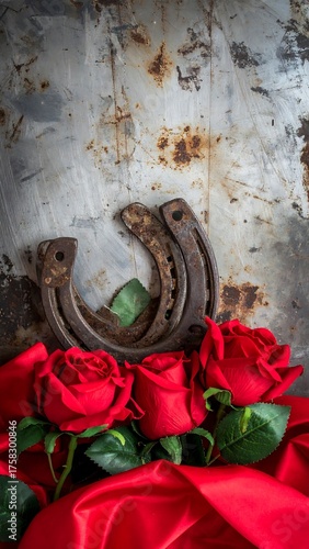 Composition shows weathered horseshoes, vibrant red roses, and a flowing silk fabric, against a distressed metallic backdrop