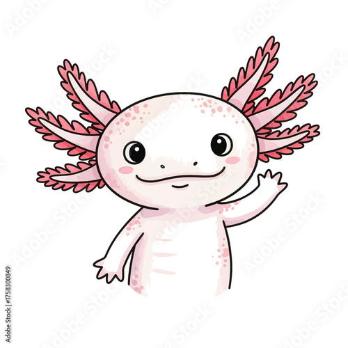Cute watercolor axolotl character waving with a friendly smile in a whimsical style on a white background