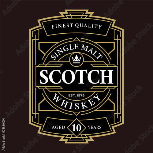 Antique retro art deco label vector for whiskey and alcoholic beverages. Vintage frame border.