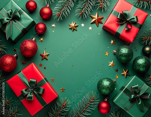 Bożonarodzeniowe, zielone tło z czerwonymi bombkami i prezentami