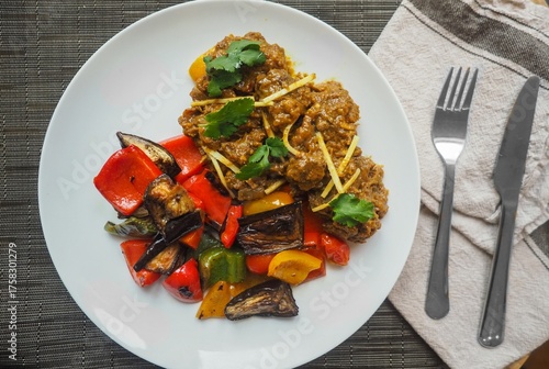 Grilled Vegetables and Curry on Plate