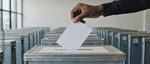 Democratic participation: An hand inserting a ballot into a ballot box during an election, symbolizing the power of individual participation in the democratic process.