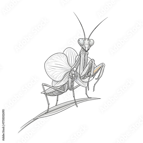 Deceptive orchid mantis in a motion graphics style with digital glitching petals for a modern tech feel