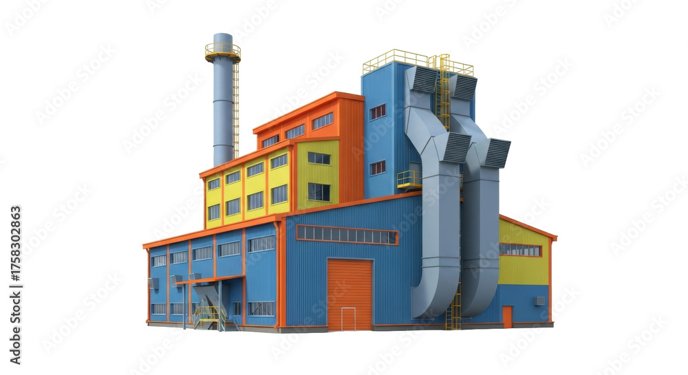 Fototapeta premium Isolated colorful factory building model with tall chimney in studio render medium shot