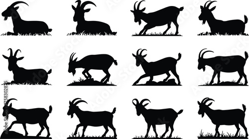 Goat silhouettes collection, farm animal poses, grazing and standing goats, livestock illustration, rural wildlife design, nature animal outline