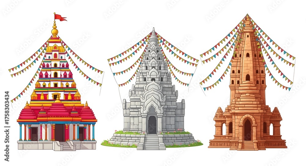 custom made wallpaper toronto digitalThree distinct pagodas with colorful prayer flags isolated on white background
