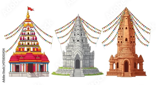 Wallpaper Mural Three distinct pagodas with colorful prayer flags isolated on white background Torontodigital.ca