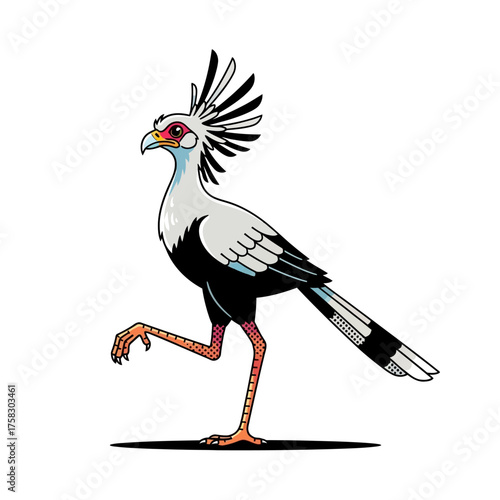 Majestic secretary bird character with a confident stride in a modern flat illustration with retro graphics