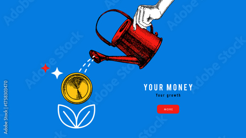 Trendy collage of hand with watering can and coin flower. Growth, money, finance, banking, investment, saving, crowdfunding, crypto platforms concept. Hand drawn retro vector illustration.