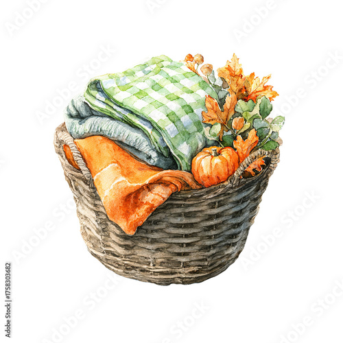 Wicker Basket Filled with Folded Blankets, Pumpkin and Autumnal Leaves Watercolor Painting