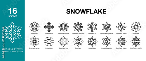 Snowflake icon set. Includes snowflake, winter, abstract, snow, ice, season and More. Editable Stroke Icon Collection.