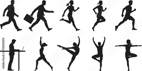 Silhouettes of active people walking, running, working, and doing yoga poses, fitness lifestyle, business motion, human activity illustration