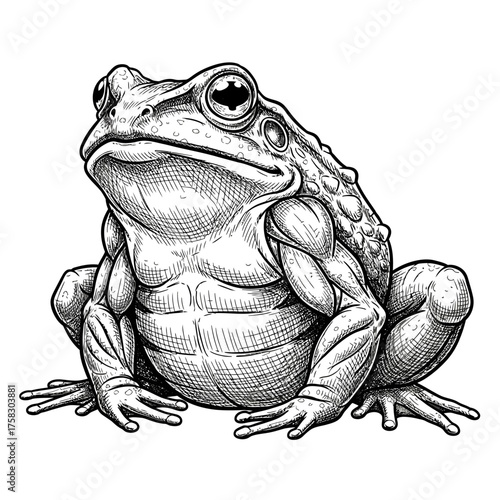 Powerful Goliath frog illustration in a detailed pen and ink style with intricate cross-hatching shading