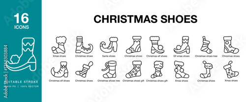Christmas Shoes icon set. Includes christmas, shoes, winter, holiday, festive and More. Editable Stroke Icon Collection.