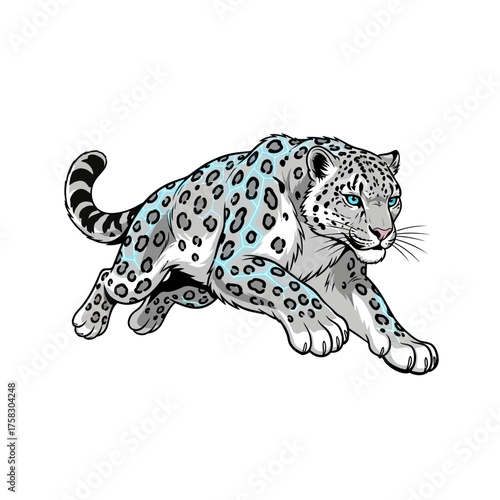 Dynamic snow leopard character with an enigmatic look leaping in a cool retro-futuristic graphic illustration