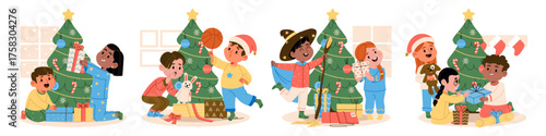 Happy overjoyed kids opening gift boxes nearby decorated Christmas tree celebrating holiday set