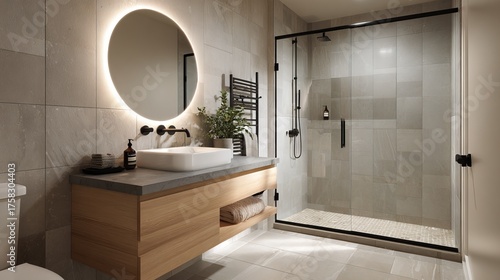 Wallpaper Mural Modern bathroom showcases a backlit circular mirror, a wooden vanity with a concrete top, and a glass-enclosed shower Torontodigital.ca