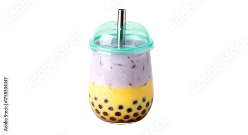 Isolated refreshing boba tea with purple taro and yellow mango in glass container with straw