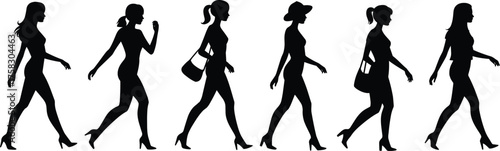 Silhouettes of stylish women walking, female movement illustration, fashion poses, elegant stride, modern lifestyle concept, confident femininity