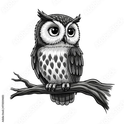 Thoughtful owl character perched serenely on a branch in a beautiful monochrome illustration art style