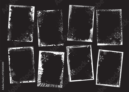 Grunge aesthetic Christmas frames with snowflakes and distressed textures stencils design set