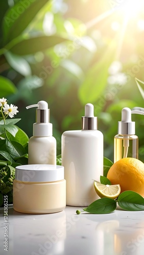 Cosmetics on a marble surface, with vibrant foliage and a lemon, highlighting natural beauty products