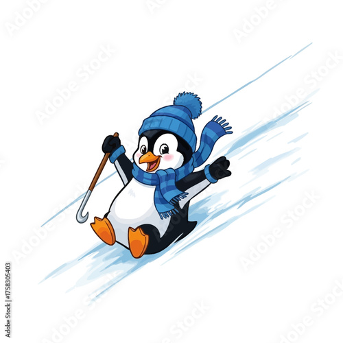 Adventurous penguin character sliding gleefully down a snowy ice slope in an expressive digital painting
