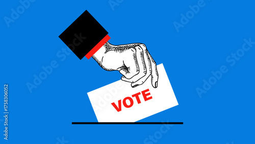 Trendy collage of sketch human hand with ballot card. Strong democratic, political, government, election, news media, public relations concept. Retro hand drawn sketch vector illustration.