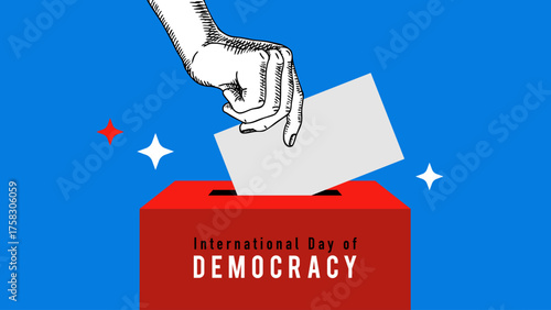 Trendy collage of sketch human hand with ballot card. International Day of democracy concept. Retro hand drawn sketch vector illustration.